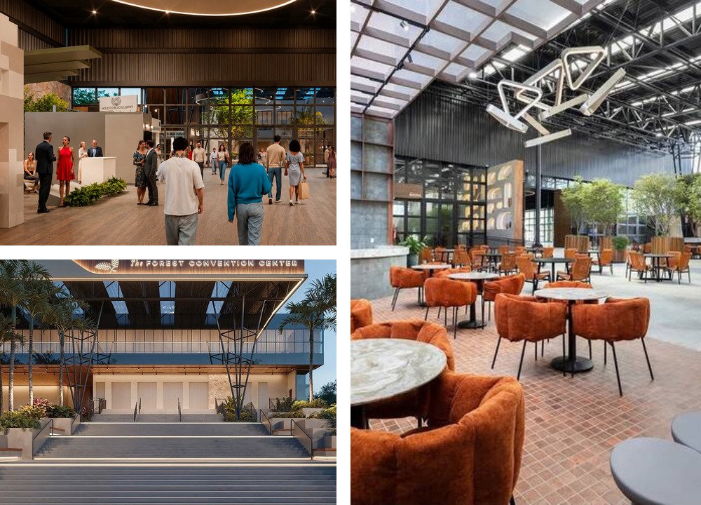 Montagem: hall do evento, lounge e fachada do The Forest Convention Center